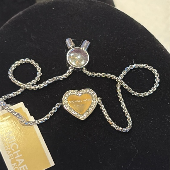 Michael Kors Silver Tone Heritage Pave Clear Rhinestone Logo Heart Bracelet - Picture 7 of 10